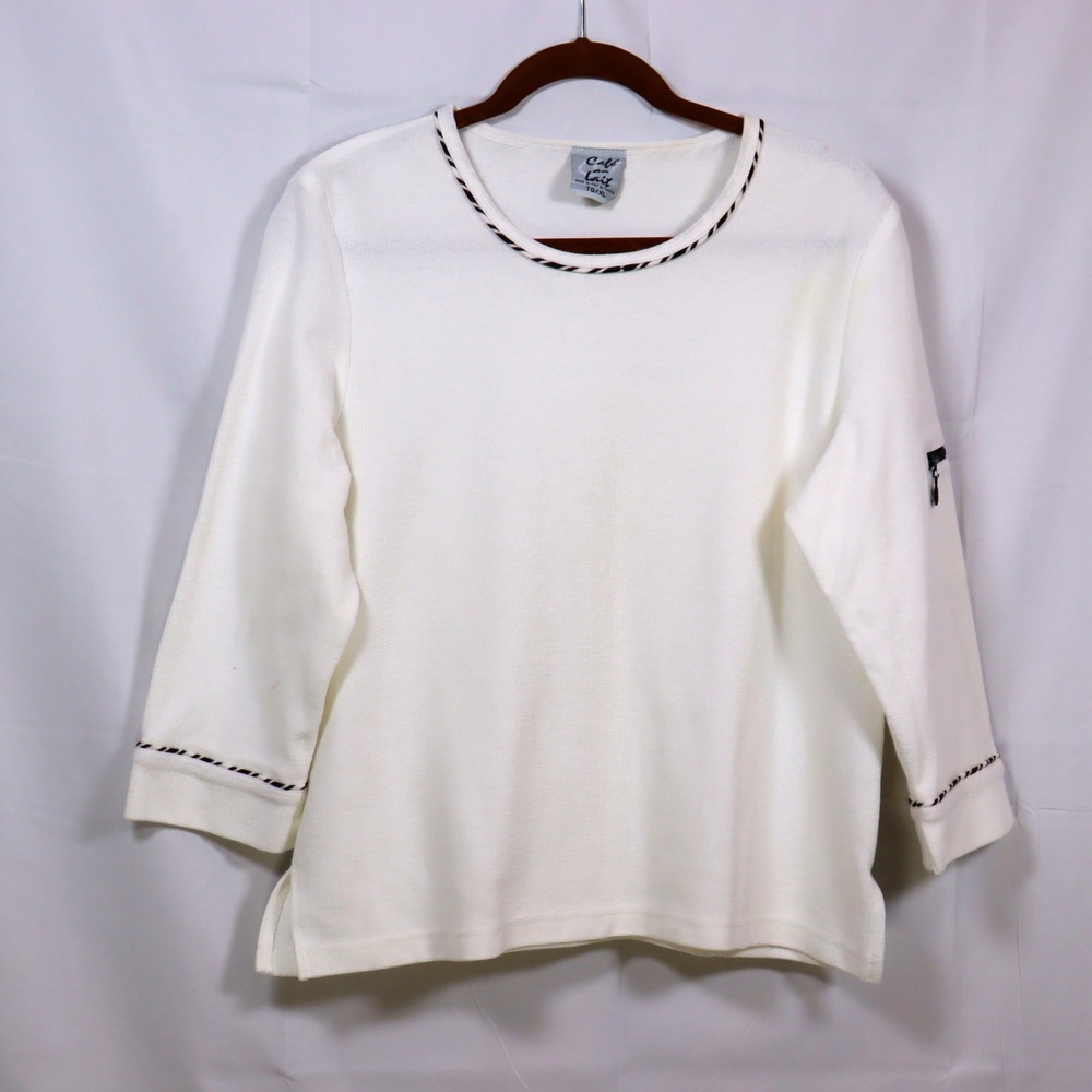 Cafe Au Lait 3/4 Sleeve Top XL White Womens Nautical Zipper Pocket‎ Shirt
